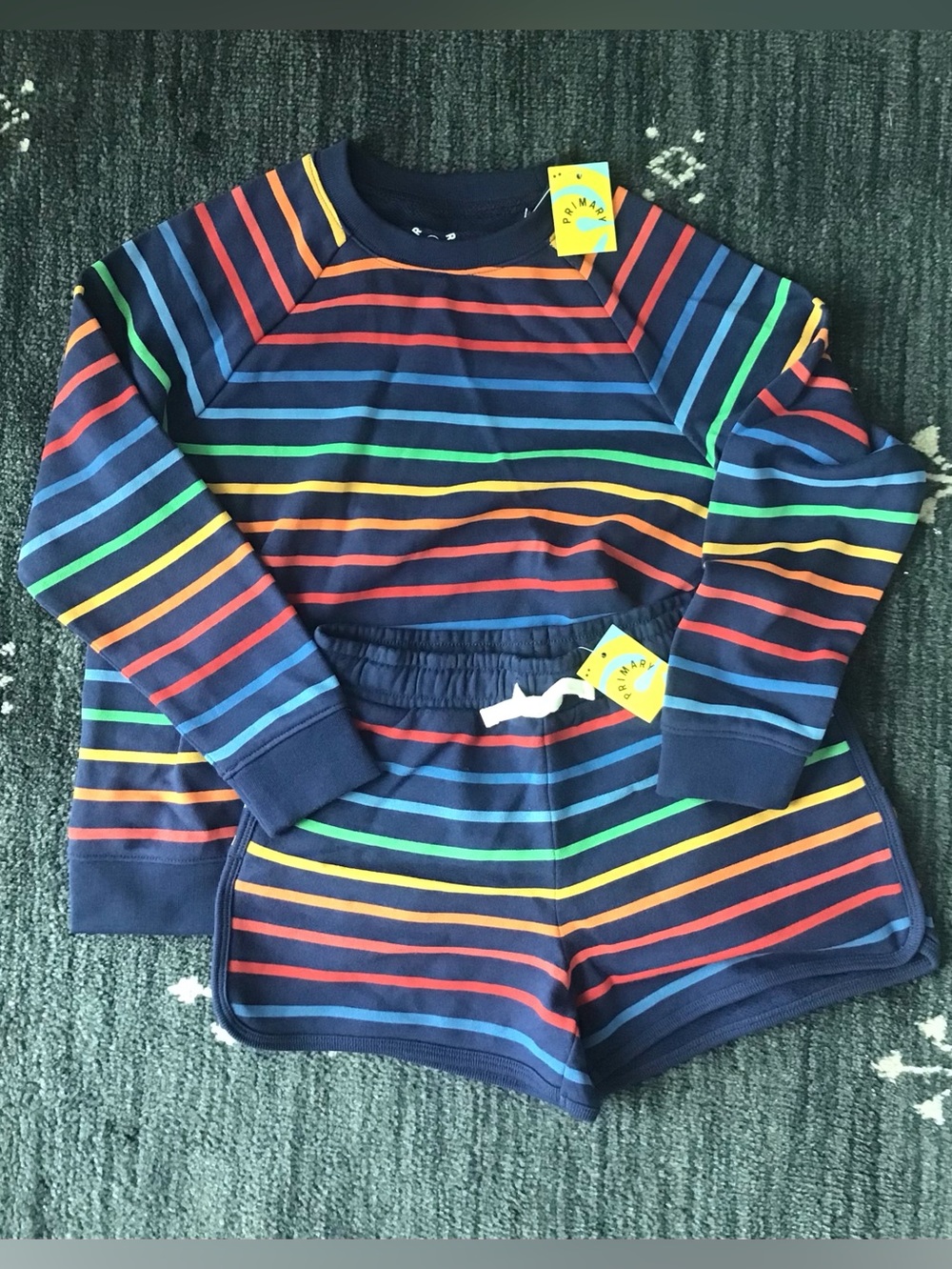 NWT Primary Kids Navy Sunrise Rainbow Stripe Sweatshirt Recess Shorts Set- 8/9